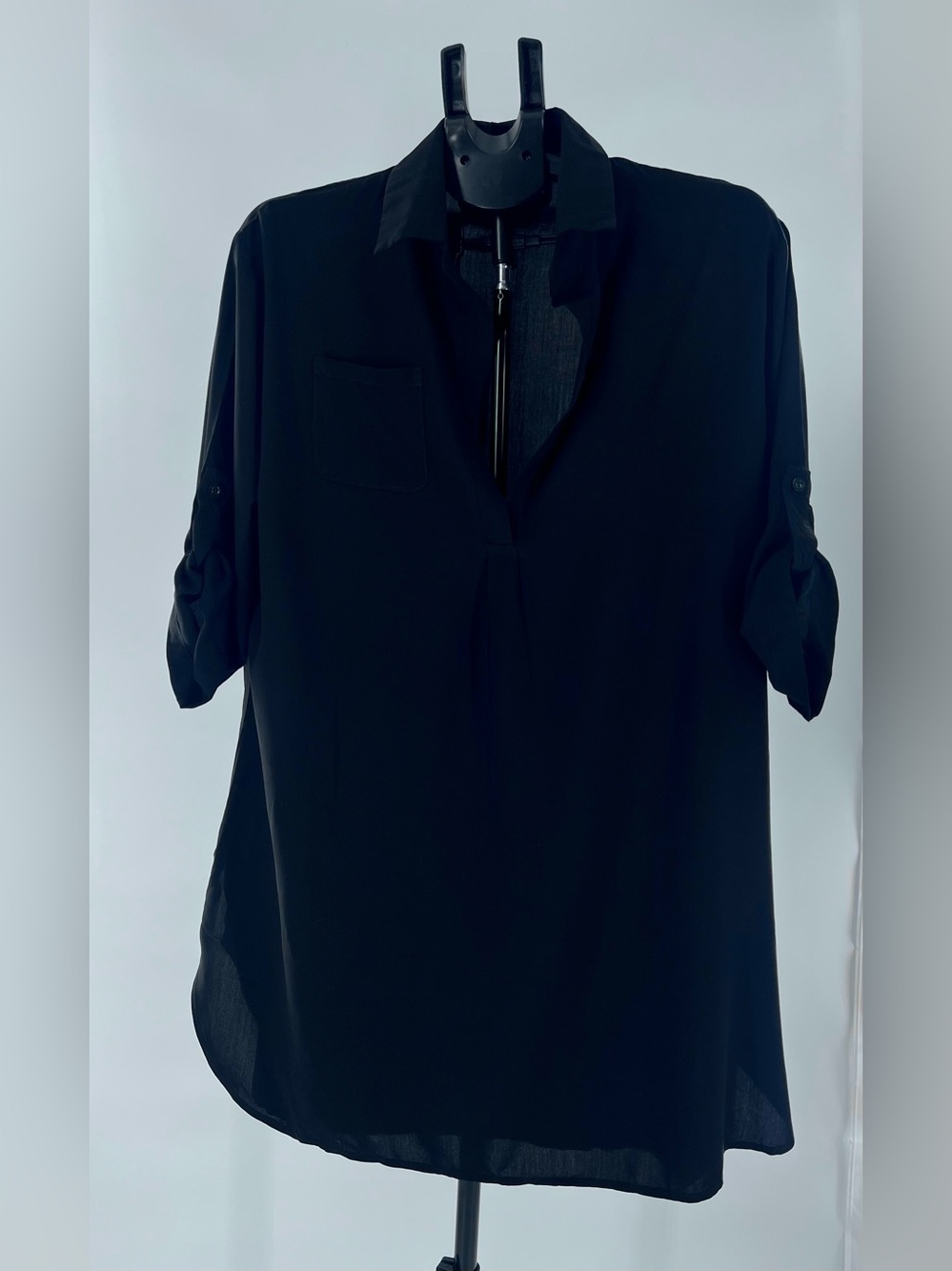 Black V-Neck Roll-Sleeve Tunic Top